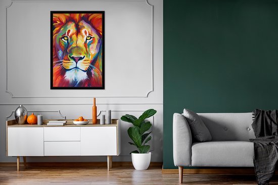 Cadre photo avec affiche - Lion - Animaux - Peinture à l'huile - Arc-en-ciel - 60x90 cm - Cadre pour affiche