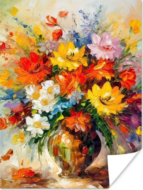 Poster Fleurs - Colorées - Peinture à l'huile - Pot de fleurs - 60x80 cm