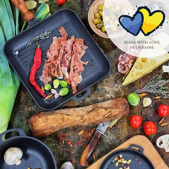 MAYSTERNYA Grillpan Gietijzer - 28 x 28 x 4 cm - Geschikt Voor Inductie - Steakpan - Grillen - Bakken - BBQ Accessoires - Grillplaat - Barbecue - Gietijzer - Pannenset - Barbecue Cadeau - Cadeau - Cadeaupakket - Mat Zwart