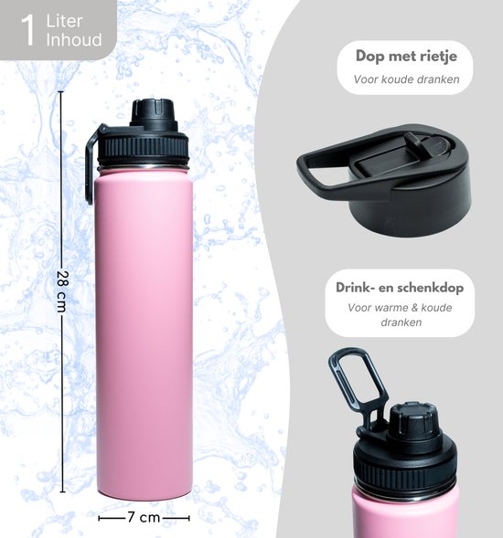 Gourde - Pink Pastel - 700 ML - Bouchon Extra Avec Paille & Bec - Gourde Avec Paille - Gourde Isotherme - Sans BPA - Étanche