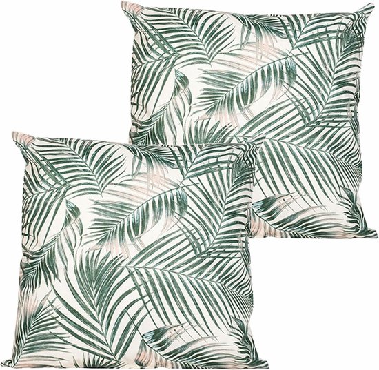 Anna's collection buitenkussen palm - 2x - wit/groen - 60 x 60 cm - Water en UV bestendig