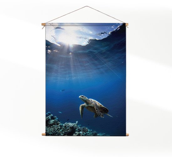 Textielposter Zeeschildpad In Helderblauw Water 03 CM) - Wandkleed - Wanddoek - Wanddecoratie