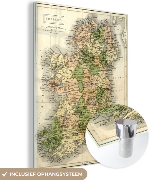 MuchoWow® Glasschilderij 90x120 cm - Schilderij acrylglas - Gedetailleerde kaart van Ierland - Foto op glas - Schilderijen