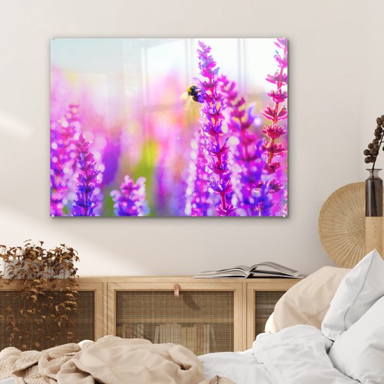 Fleurs avec Glas abeille 90x60 cm - Tirage photo sur Glas (décoration murale en plexiglas)