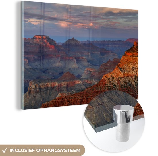 MuchoWow® Glasschilderij 120x80 cm - Schilderij acrylglas - Mather Point zonsondergang Grand Canyon - Foto op glas - Schilderijen