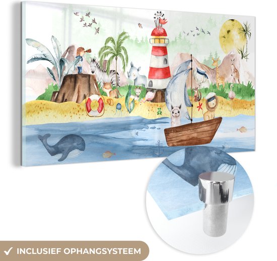 MuchoWow® Glasschilderij 120x60 cm - Schilderij acrylglas - Strand - Dieren - Kinderen - Vuurtoren - Jongens - Foto op glas - Schilderijen