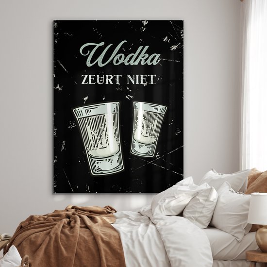 MuchoWow® Glasschilderij 120x160 cm - Schilderij acrylglas - Wodka - Shotglaasjes - Quote - Foto op glas - Schilderijen - Cadeau voor vrouw - Cadeau voor man