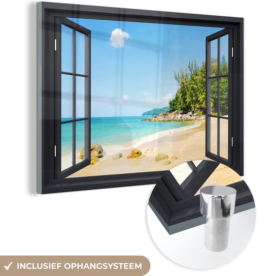 MuchoWow® Glasschilderij 120x80 cm - Schilderij acrylglas - Doorkijk - Strand - Zwart - Foto op glas - Schilderijen