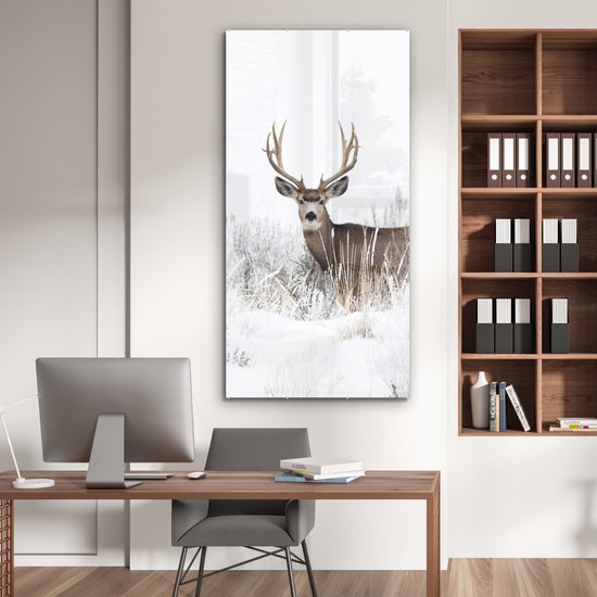 MuchoWow® Peinture sur verre 80x160 cm - Peinture sur verre acrylique - Cerf - Hiver - Neige - Animaux - Saisons - Wit - Photo sur verre - Peintures