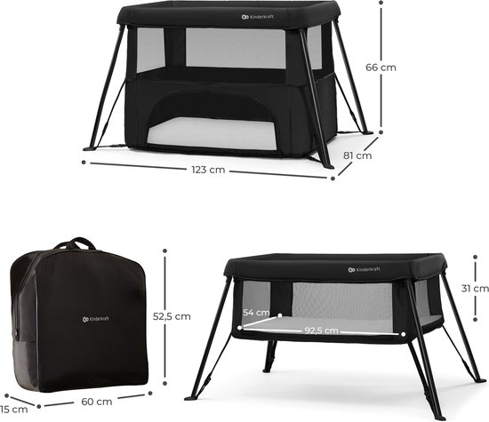 Kinderkraft CAMI - 3-in-1 Reisbedje - Wieg - Reisbed - Lichtgewicht 5 kg - 2 Hoogte-instellingen - Met Reisrugzak - Compact inklapbaar - Gaaswanden - Geschikt vanaf geboorte tot 3 jaar - Zwart van Kinderkraft — afbeelding 2