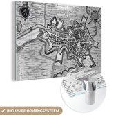 MuchoWow® Glasschilderij 30x20 cm - Schilderij acrylglas - Historische stadskaart van Bergen op Zoom - zwart wit - Foto op glas - Schilderijen - Plattegrond