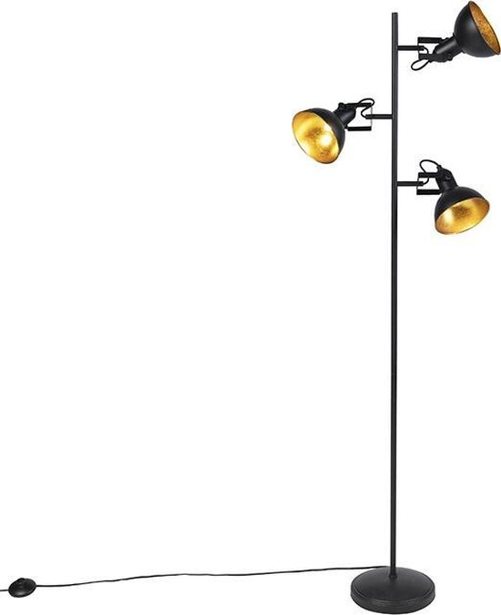 vluchtelingen persoon kiezen QAZQA tommy - Industriele Vloerlamp | Staande Lamp - 3 lichts - H 153 cm -  Zwart -... | bol.com
