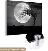 MuchoWow® Glasschilderij 80x60 cm - Schilderij acrylglas - Silhouet van een boom voor de volle maan aan de hemel - zwart wit - Foto op glas - Schilderijen