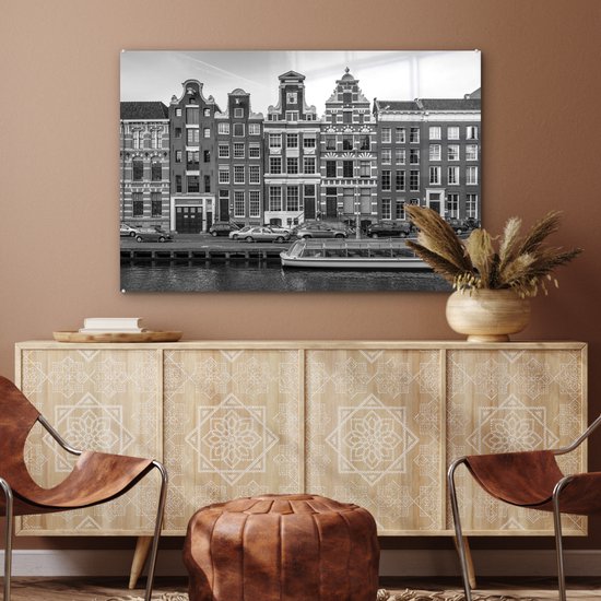 Peinture sur verre - Maisons de canal à Amsterdam - noir et blanc - 120x80 cm - Peintures sur Verre Peintures - Photo sur Glas
