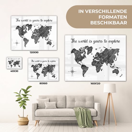 Peinture sur Verre - Carte du Wereldkaart - Voyages - Croquis - 120x90 cm - Peintures sur Verre Peintures - Photo sur Glas