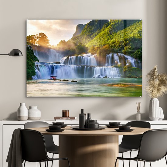 Tableau sur verre - Décoration murale - Cascade - Soleil - Nature - Arbres - Verre acrylique - Photo sur verre - Tableau nature - 120x80 cm - Décoration murale