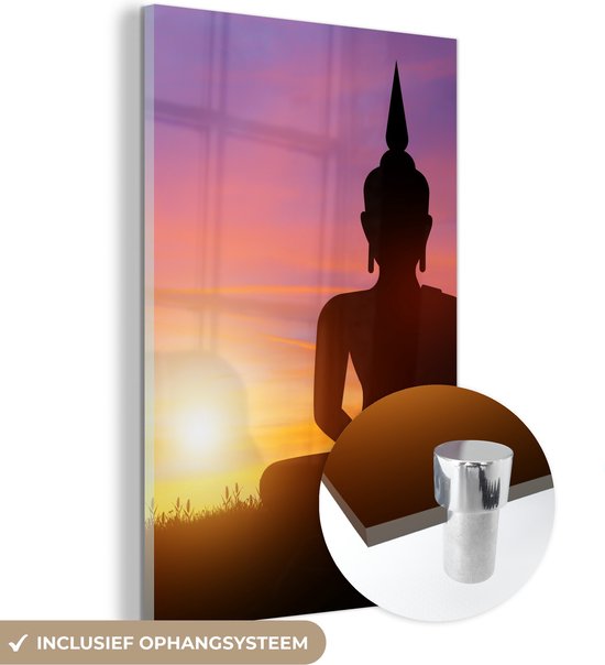 Peinture sur verre - Statue de Bouddha - Silhouette - Coucher de soleil - Spirituel - Peintures de salon - Photo sur verre - Verre acrylique - 40x60 cm - Décoration murale - Peinture sur verre