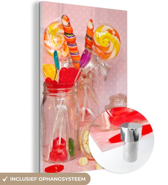 MuchoWow® Glasschilderij 40x60 cm - Schilderij acrylglas - Glazen potten met kleurrijk snoep - Foto op glas - Schilderijen