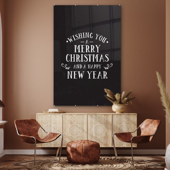 ® Glasschilderij 120x180 cm - Schilderij acrylglas - Kerst quote Wishing you a merry Christmas tegen een zwarte achtergrond - Foto op glas - Muurdecoratie woonkamer - Wanddecoratie slaapkamer - Schilderijen