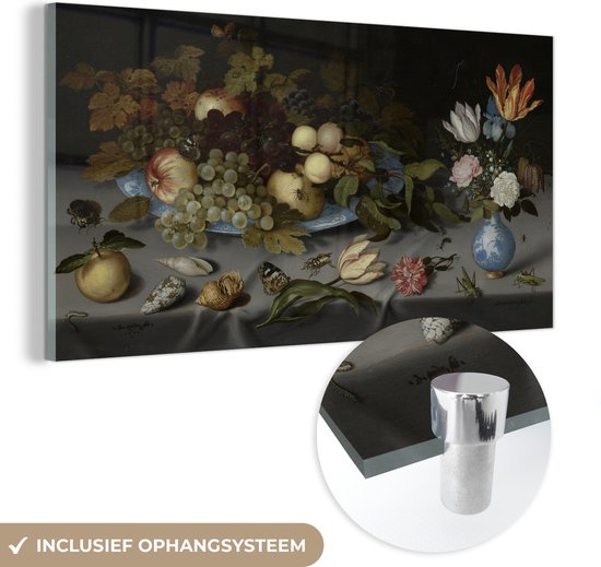 MuchoWow® Glasschilderij 160x80 cm - Schilderij acrylglas - Stilleven met vruchten en bloemen - Schilderij van Balthasar van der Ast - Foto op glas - Schilderijen