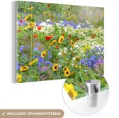 MuchoWow® Glasschilderij 30x20 cm - Schilderij acrylglas - Siergras met verschillende bloemen - Foto op glas - Schilderijen