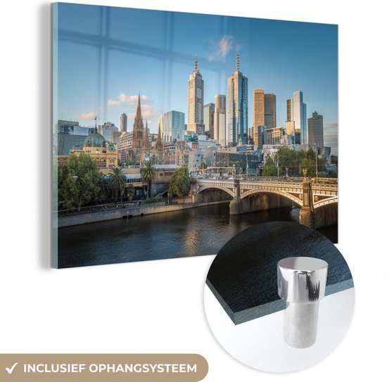 MuchoWow® Glasschilderij 150x100 cm - Schilderij acrylglas - Stad skyline van Melbourne in Australië - Foto op glas - Schilderijen