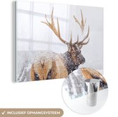 MuchoWow® Glasschilderij 30x20 cm - Schilderij acrylglas - Besneeuwd hert in de winter - Foto op glas - Schilderijen
