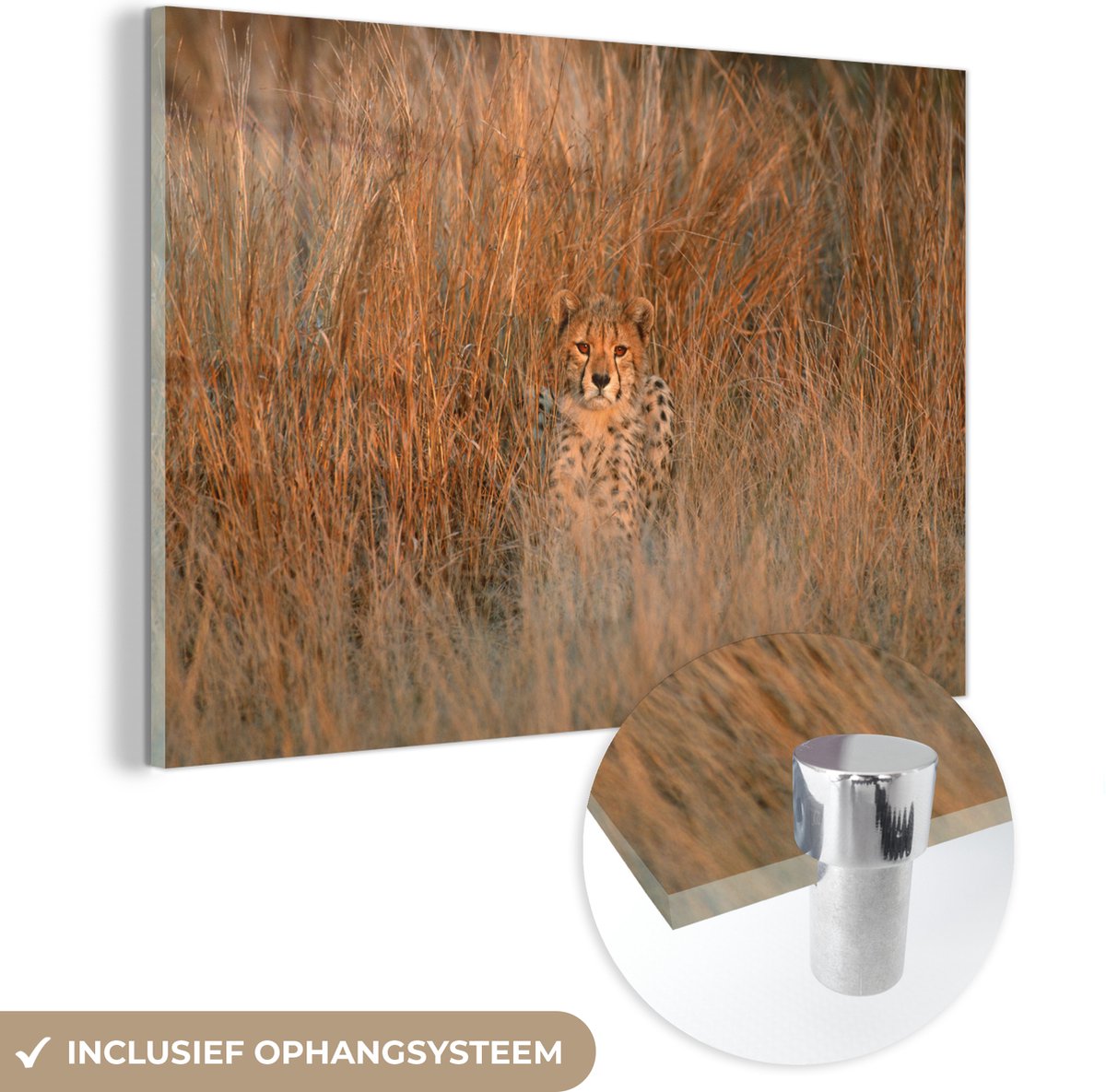MuchoWow® Glasschilderij 90x60 cm - Schilderij glas - Cheetah - Camouflage - Gras - Foto op acrylglas - Schilderijen - MuchoWow