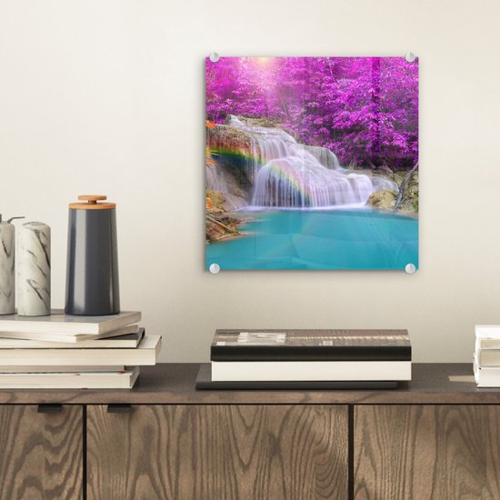 MuchoWow® Peinture sur verre 20x20 cm - Peinture sur verre acrylique - Cascade - Arbres - Arc-en-ciel - Violet - Photo sur verre - Peintures