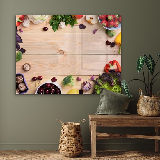 MuchoWow® Peinture sur verre 120x90 cm - Peinture sur verre acrylique - Fruits - Fraises - Paprika - Cuisine - Photo sur verre - Peintures