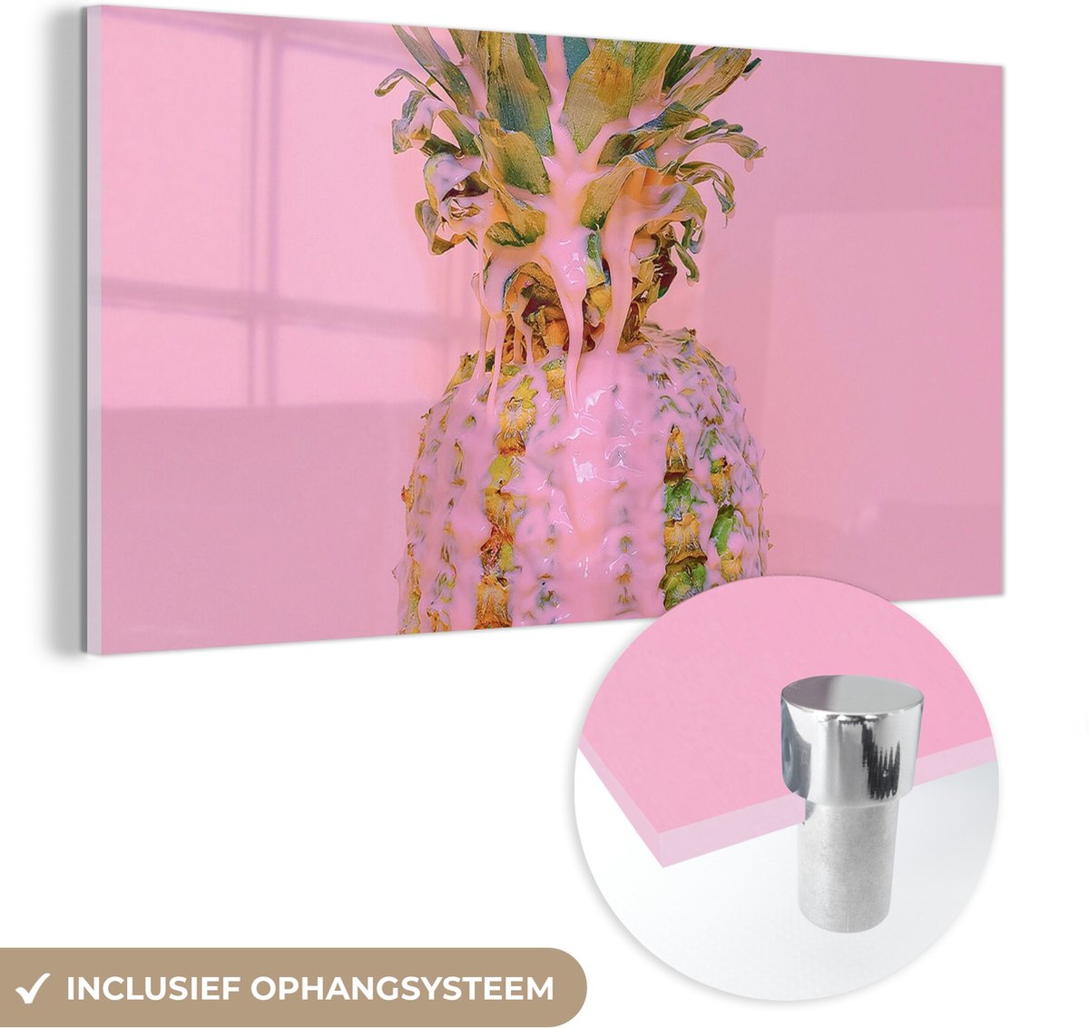 MuchoWow® Glasschilderij 160x80 cm - Schilderij acrylglas - Verf - Ananas - Roze - Zomer - Foto op glas - Schilderijen