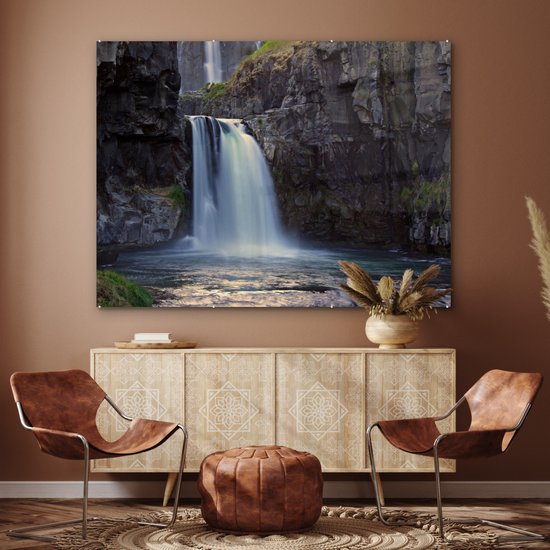 MuchoWow® Glasschilderij 160x120 cm - Schilderij acrylglas - Waterval - Water - Rotsen - Foto op glas - Schilderijen