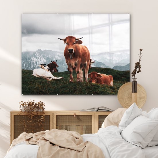 MuchoWow® Peinture sur verre 120x90 cm - Peinture sur verre acrylique - Animaux - Vache - Berg - Photo sur verre - Peintures