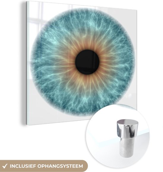 MuchoWow® Glasschilderij 90x90 cm - Schilderij acrylglas - Zeeblauwe iris van oog - Foto op glas - Schilderijen