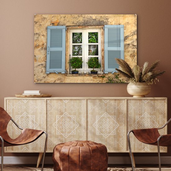 Peinture sur verre - Vieux Mur aux volets bleus - 120x80 cm - Peintures sur Verre Peintures - Photo sur Glas