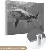 MuchoWow® Glasschilderij 120x80 cm - Schilderij acrylglas - Twee duikers bij een haai - Foto op glas - Schilderijen