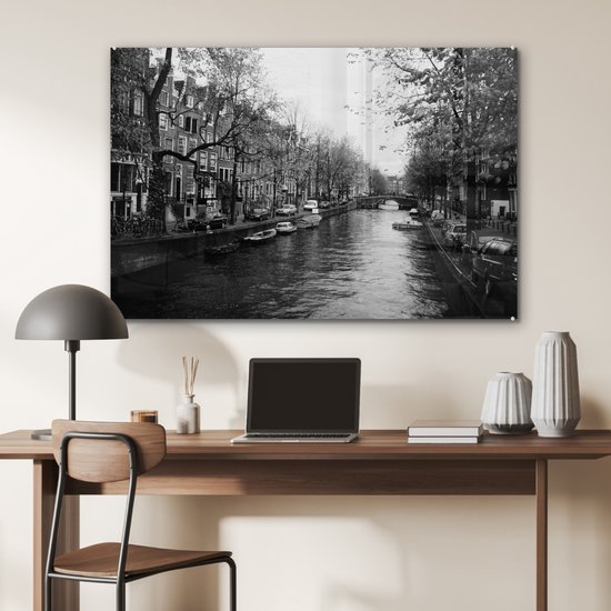 Peinture sur Verre - Canal d'Amsterdam - Zwart - Wit - 120x80 cm - Peintures sur Verre Peintures - Photo sur Glas