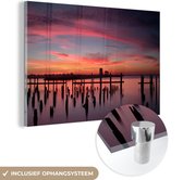 MuchoWow® Glasschilderij 60x40 cm - Schilderij acrylglas - Strand bij zonsondergang - Foto op glas - Schilderijen