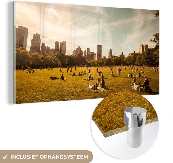 MuchoWow® Glasschilderij 160x80 cm - Schilderij acrylglas - New York - Central Park - Lente - Foto op glas - Schilderijen