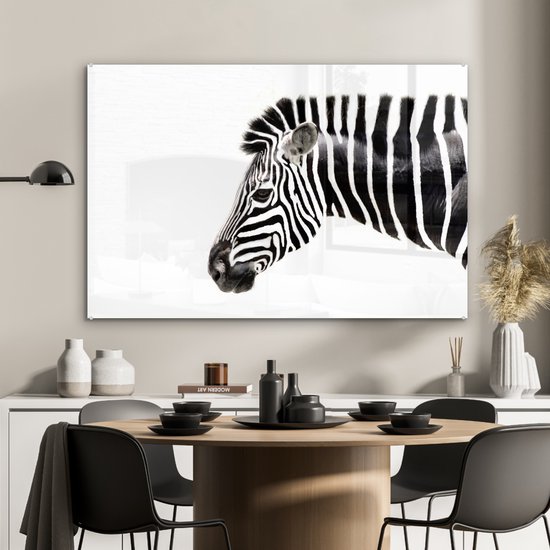 MuchoWow® Glasschilderij - Zebra - Dieren - Wit - 90x60 cm - Acrylglas Schilderijen - Foto op Glas - MuchoWow