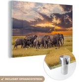 MuchoWow® Glasschilderij 60x40 cm - Schilderij acrylglas - Groep olifanten in de savanne - Foto op glas - Schilderijen