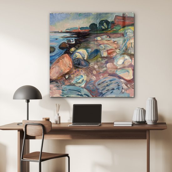 MuchoWow® Peinture sur verre 90x90 cm - Peinture sur verre acrylique - Banque avec maison rouge - Edvard Munch - Photo sur verre - Peintures