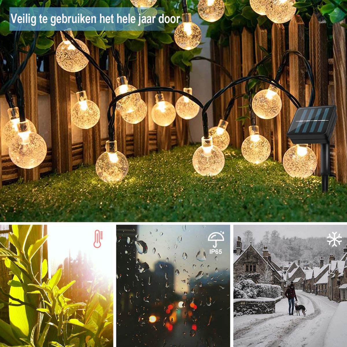 Lichtsnoer Buiten op Zonne-Energie - 50LED Solar Tuinverlichting - Warm-wit - ø2.2cm - Lampjes slinger - Kerstverlichting - Buitenverlichting - sfeerverlichting - 5+2m - Lichtslinger - IP 65 – foto 2
