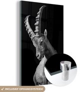 MuchoWow® Glasschilderij 100x150 cm - Schilderij acrylglas - Zwart-wit geitenfoto - Foto op glas - Schilderijen