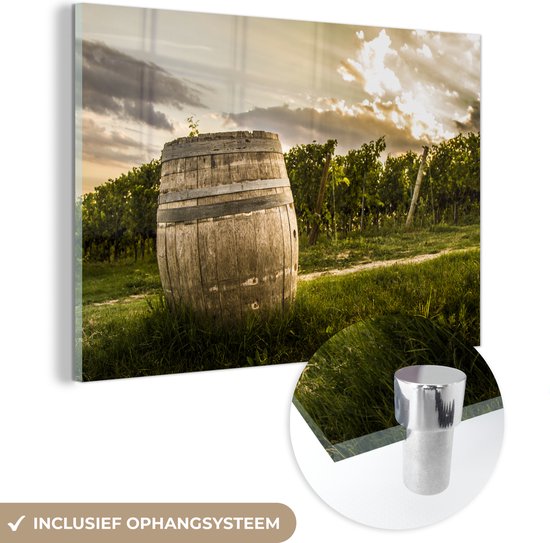 MuchoWow® Glasschilderij 150x100 cm - Schilderij acrylglas - Ton in een wijngaard - Foto op glas - Schilderijen