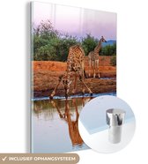 MuchoWow® Glasschilderij 120x160 cm - Schilderij acrylglas - Giraffen - Water - Drinken - Afrika - Foto op glas - Schilderijen