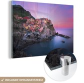 MuchoWow® Glasschilderij 30x20 cm - Schilderij acrylglas - Paarse lucht boven Cinque Terre in Italië - Foto op glas - Schilderijen