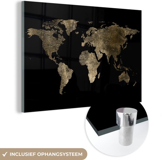 MuchoWow® Glasschilderij 30x20 cm - Schilderij acrylglas - Wereldkaart - Goud - Zwart - Aarde - Luxe - Foto op glas - Schilderijen
