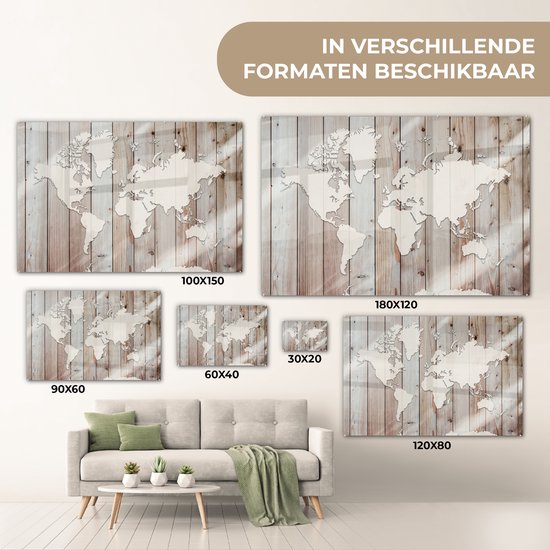 Peinture sur verre - Carte du Wereldkaart - Bois - Simple - 120x80 cm - Peintures en plexiglas