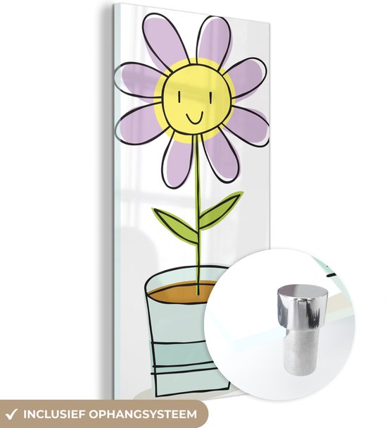MuchoWow® Glasschilderij 20x40 cm - Schilderij acrylglas - Kinderillustratie van glimlachende bloem - Foto op glas - Schilderijen